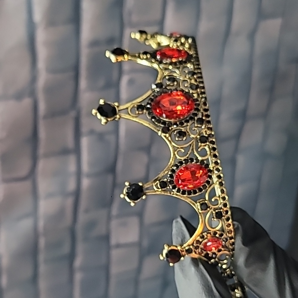 Elegant Metal Gold Tiara with Red & Black Rhinestone Accents